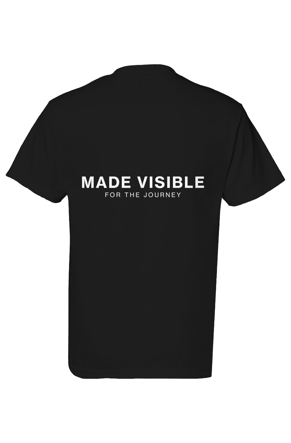 Back of black Made Visible heavyweight T-shirt with white For the Journey graphic